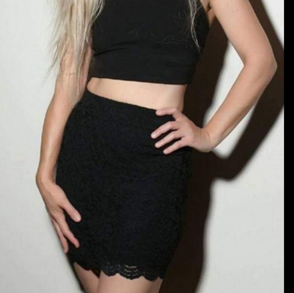 Kimchee Blue black lace pencil skirt scalloped hem